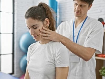 A,Male,Physiotherapist,Assesses,A,Woman's,Neck,In,A,Modern